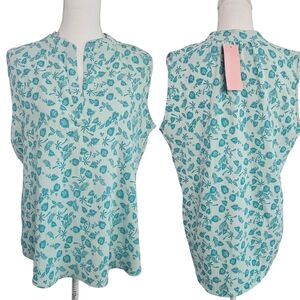 Amana Women’s Sleeveless Blouse XL Aqua Blue Green Tropical Floral Print Top